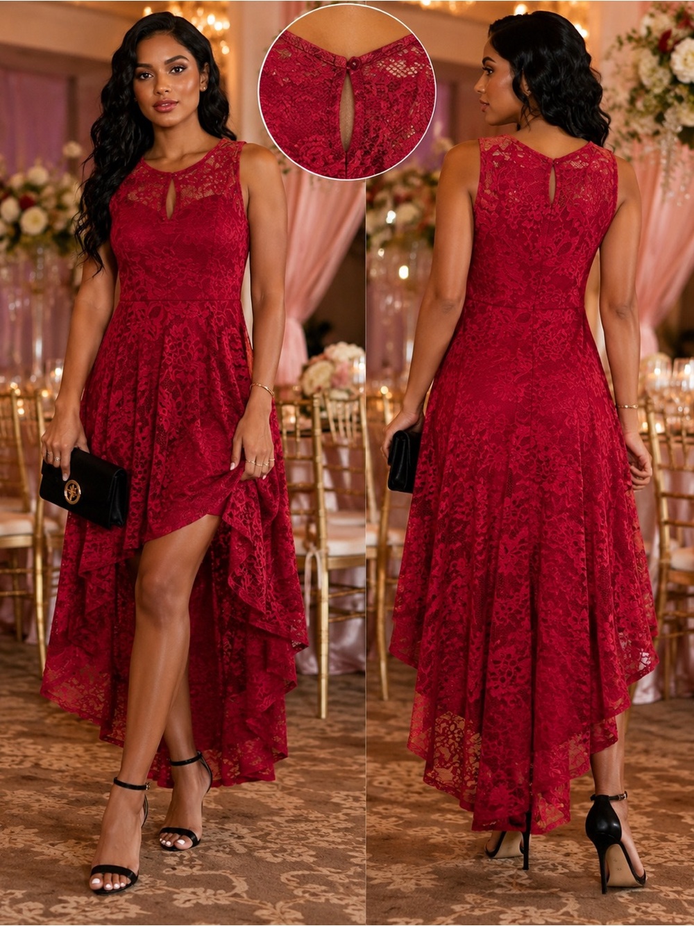 Elegant Burgundy Lace High-Low Party & Wedding Guest Dress